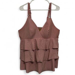 Cacique Swim Red & White Striped Tiered Ruffle Tankini Top Plus Size 18